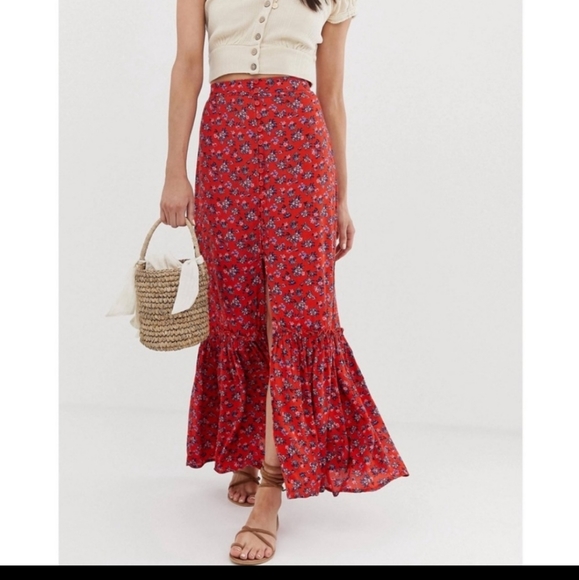 Band of Gypsies Dresses & Skirts - BAND OF GYPSIES Maxi Skirt Button Front Slit Ruffle Ditzy Floral Size Small